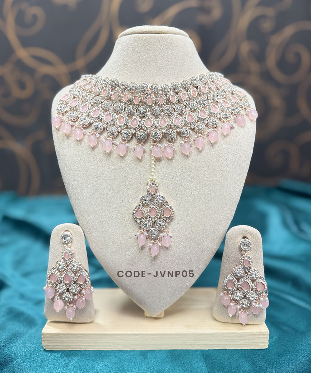 Baby Pink & Silver-Tone Kundan Bridal Choker Set