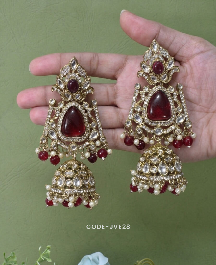 Kundan Jhumka Earrings with Ruby Stone & Pearl Drops