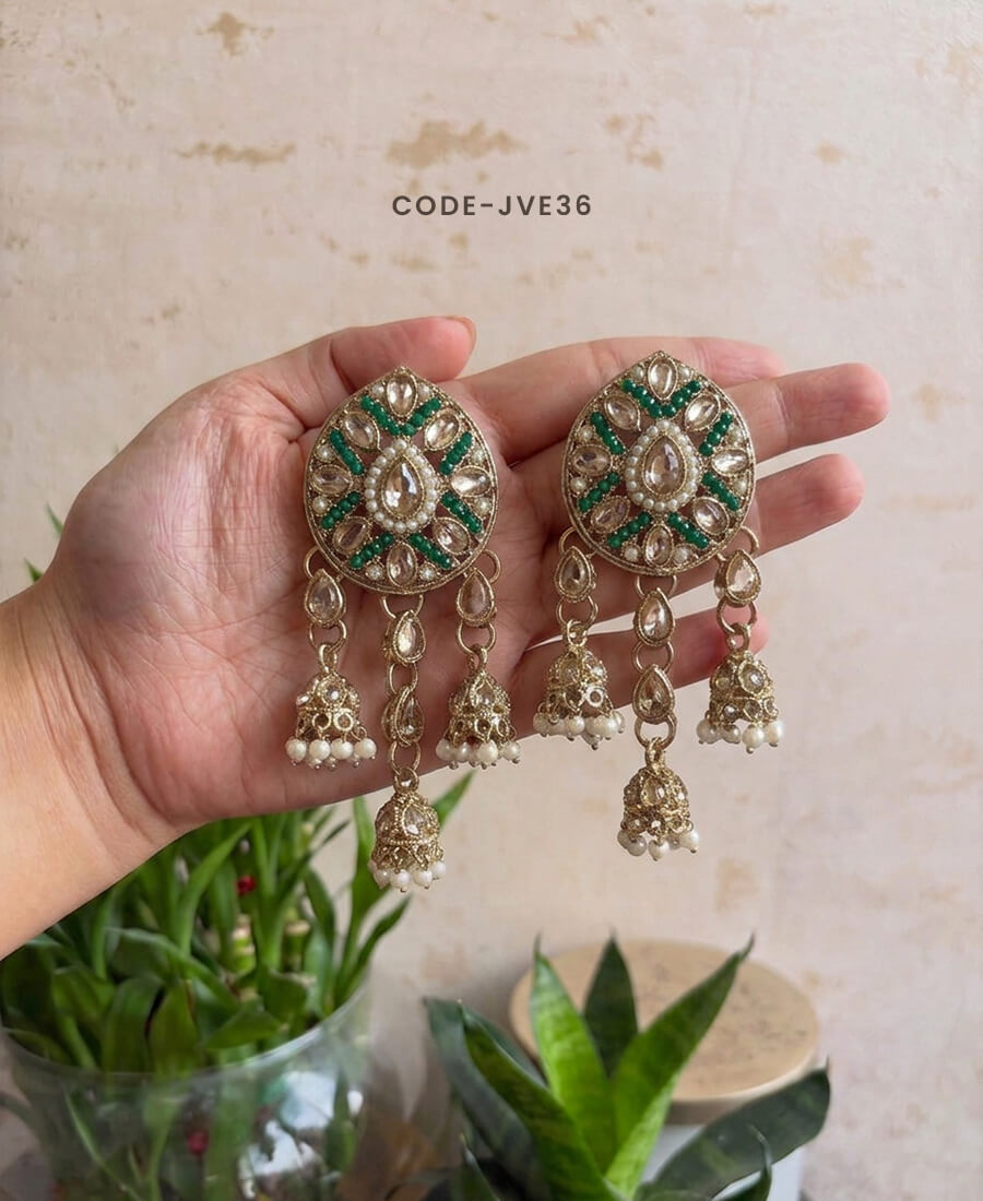 Gold Kundan Earrings with Triple Jhumka Drops