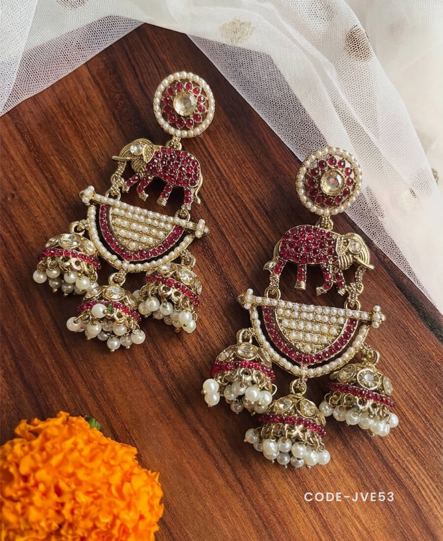 Elephant Motif Ruby Kundan Earrings with Pearl Jhumka Drops