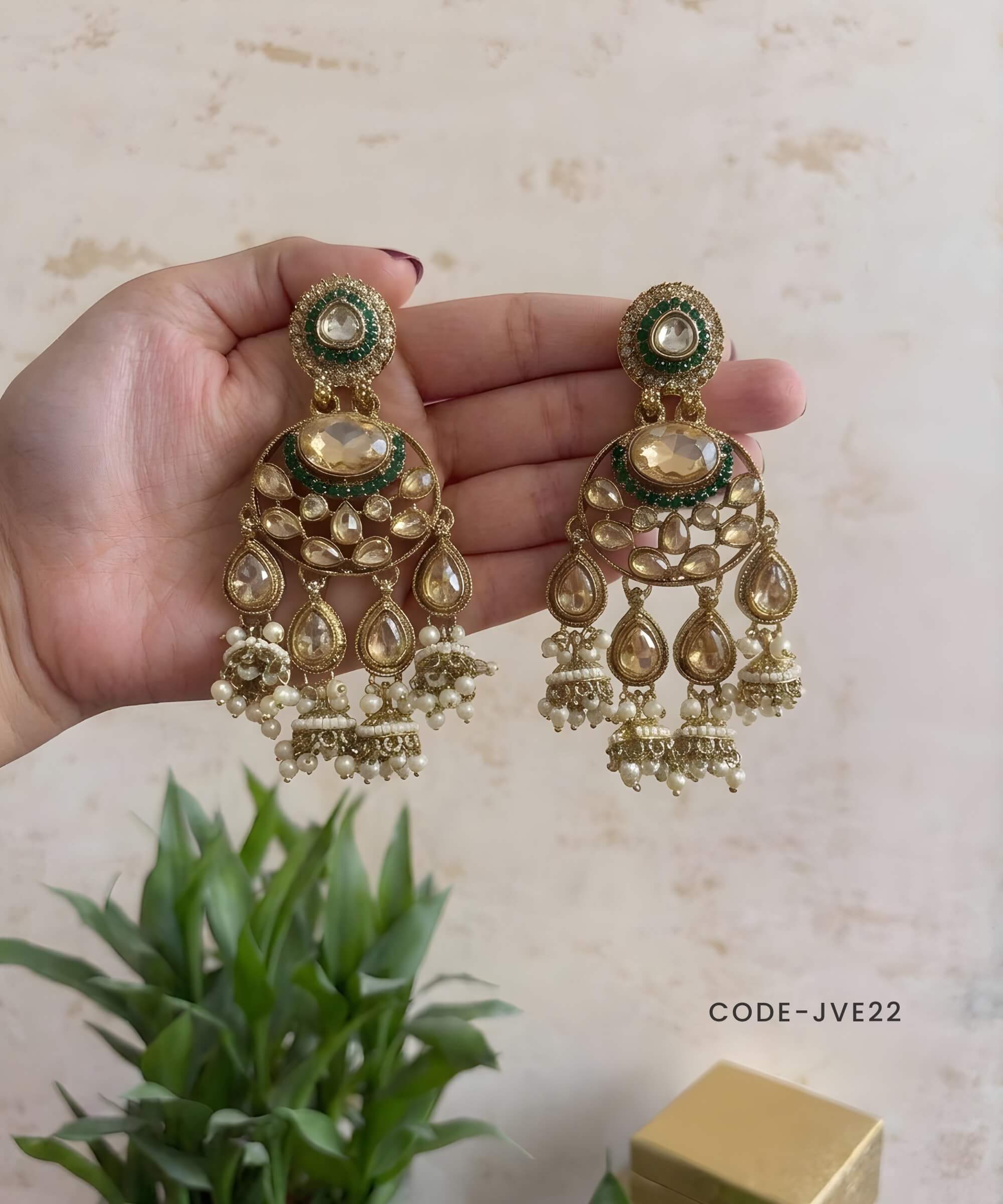 Chandbali Earrings with Emerald Stones & Pearl Jhumka Drops