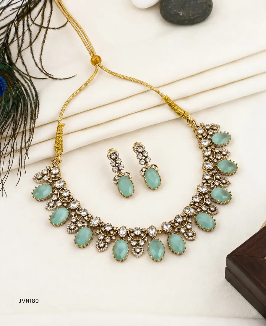 AD Stone Oval Shape Short Necklace with Matching Earrings