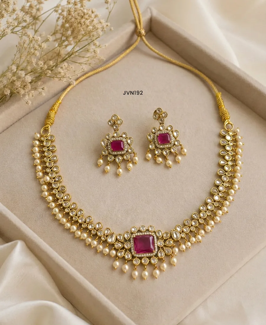 American Diamond Short Necklace with Pearl Drops