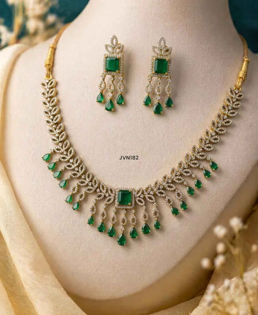 American Diamond Leaf Design Necklace with Emerald Drops