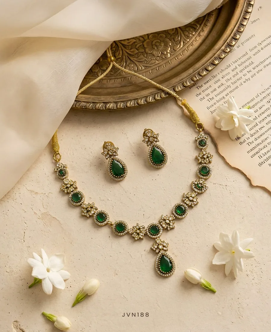 AD Stone Floral Necklace with Emerald Drops