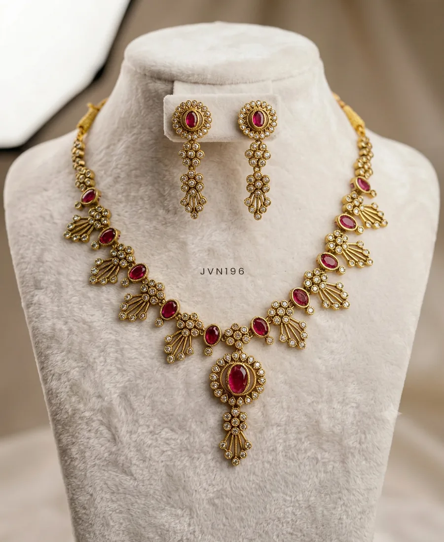 AD Stone Floral Fan Design Necklace with Emerald Stones